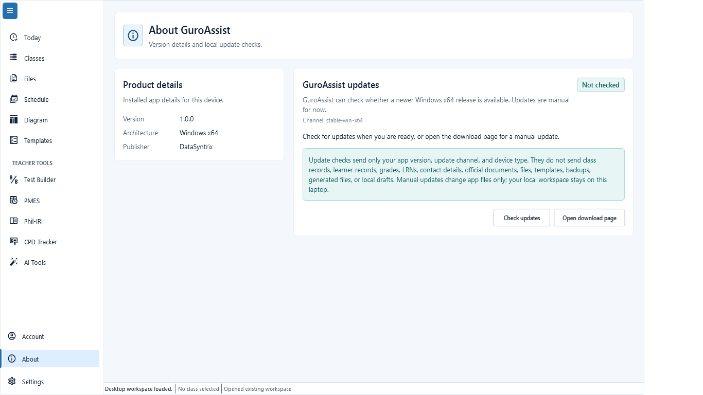 About GuroAssist before an update check, with product details and Check updates.