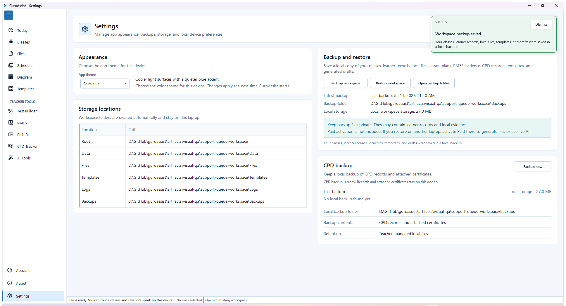Settings after a workspace backup completed, with the saved confirmation and dated last-backup details.