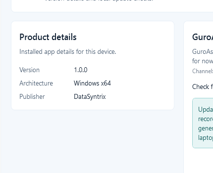 Product details card showing version, Windows architecture, and DataSyntrix as publisher.