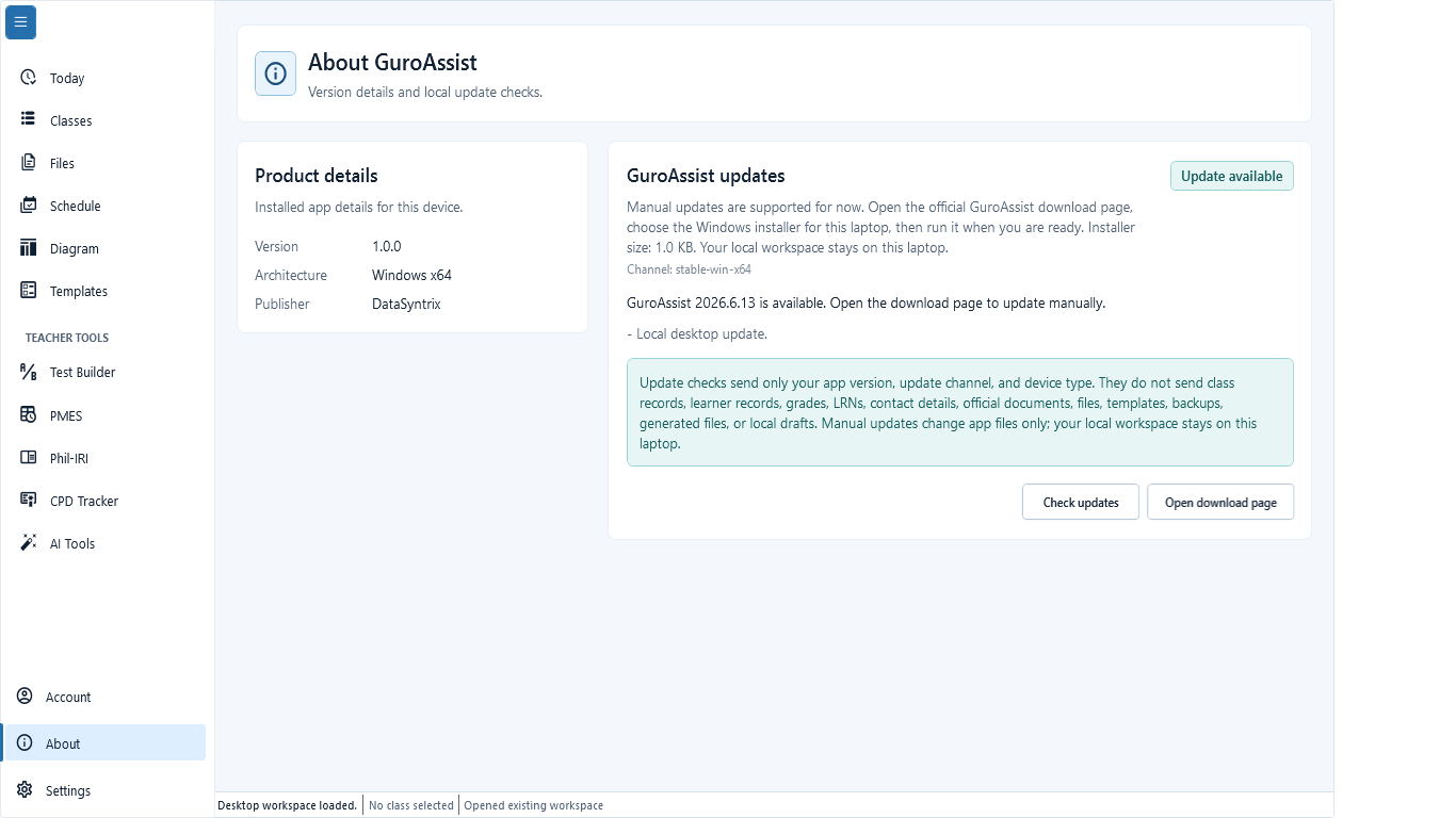 About GuroAssist showing Update available, the available release, update channel, and Open download page.