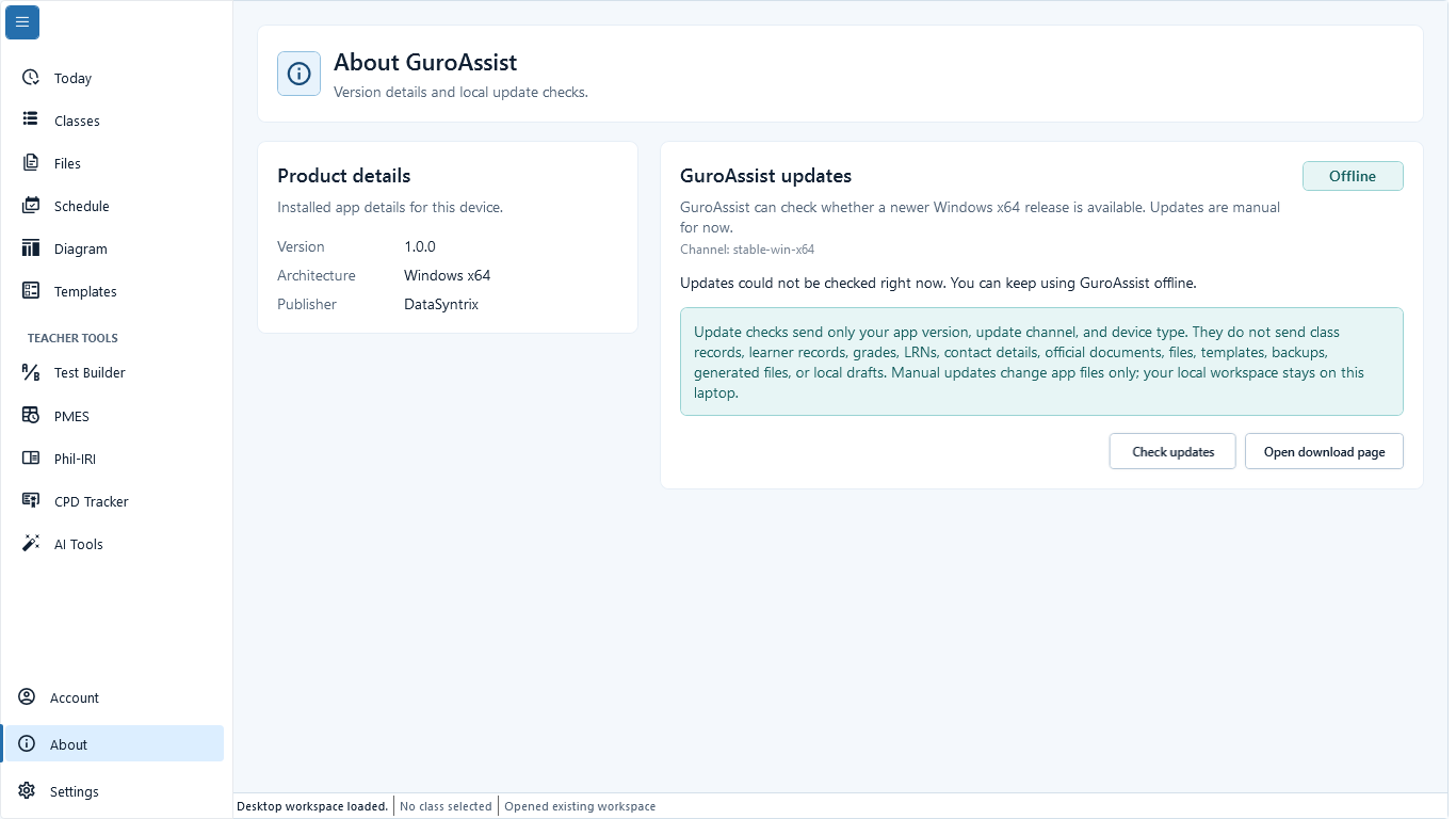 About GuroAssist showing an offline update-check state and the controls to retry or open the download page.