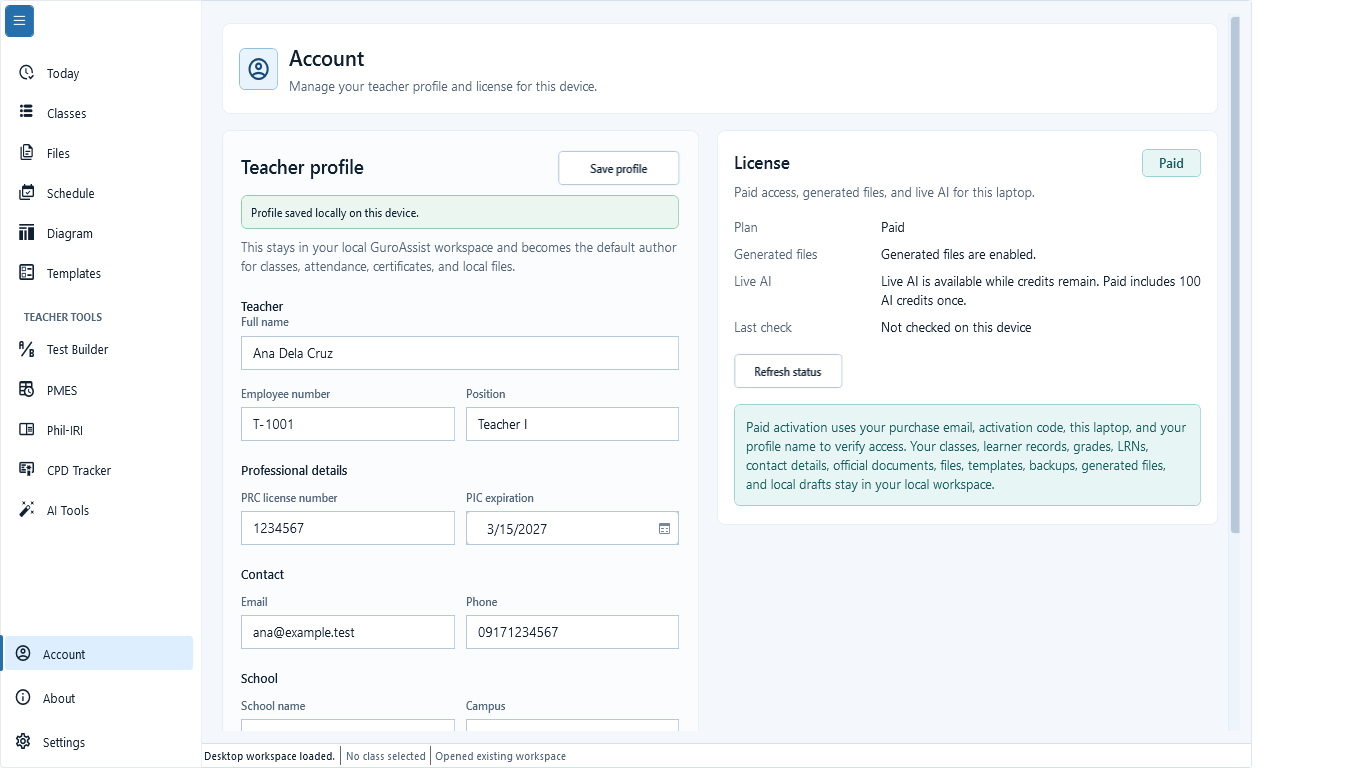 Account workspace with teacher profile fields and the Paid license status card.