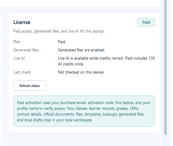 License card showing plan, generated-file access, live-AI availability, last check, and Refresh status.