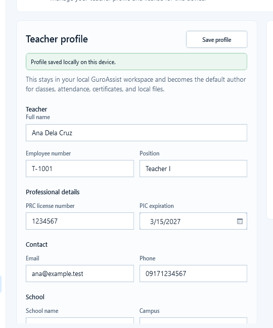 Teacher profile card showing the Profile saved locally on this device confirmation.