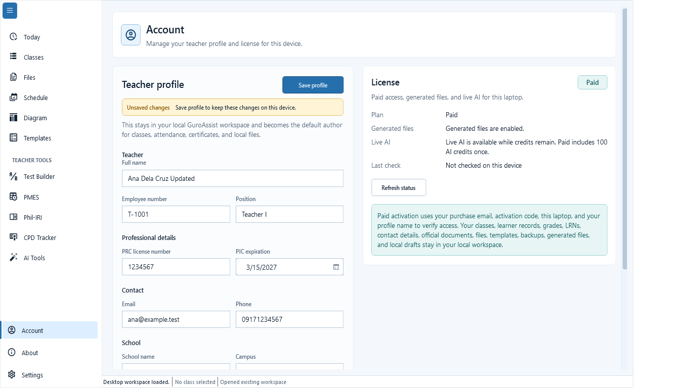 Account profile with an Unsaved changes state above the teacher fields.
