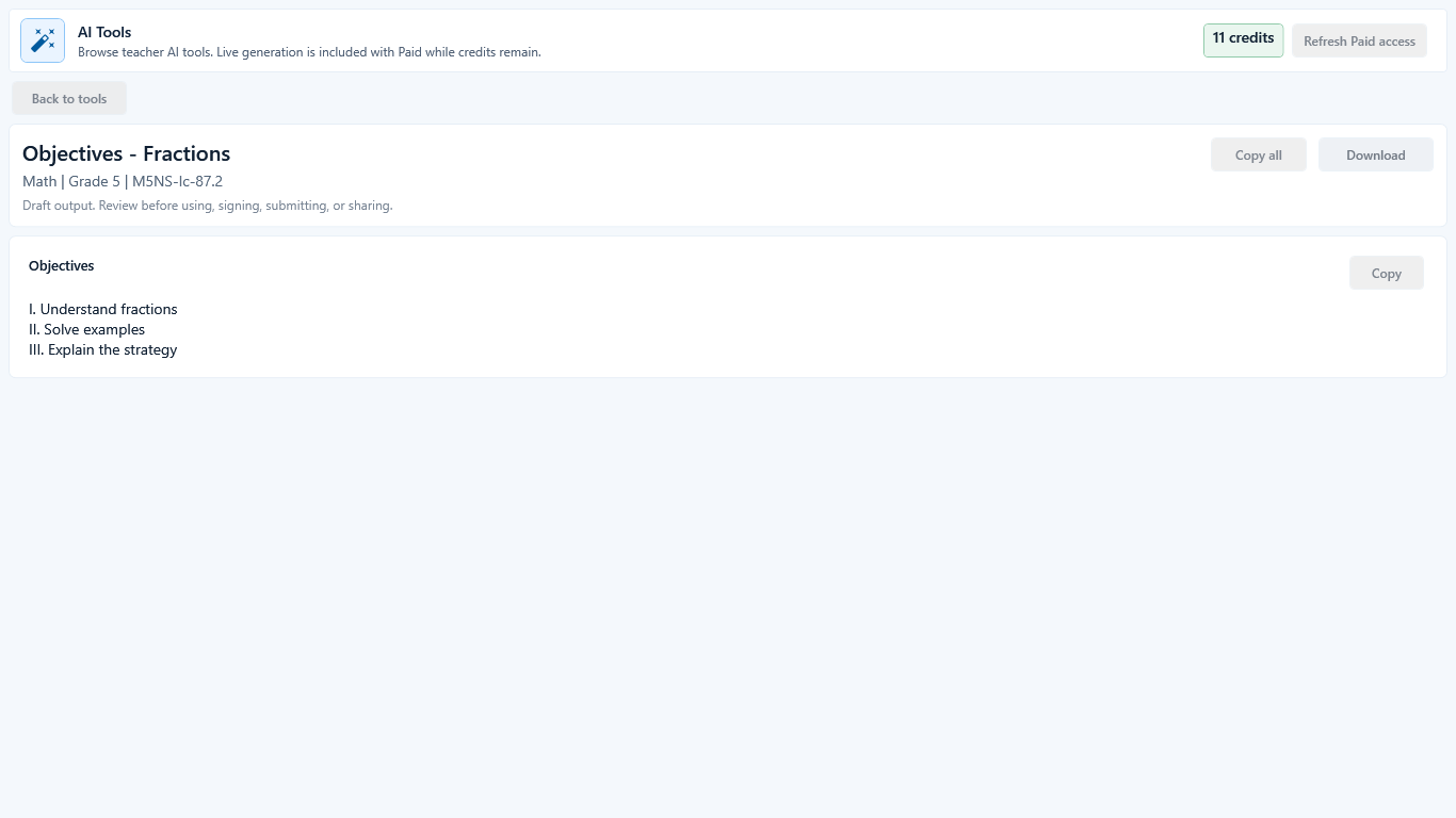 Completed Objectives result labeled Draft output with Copy all, Download, and part-by-part review controls.