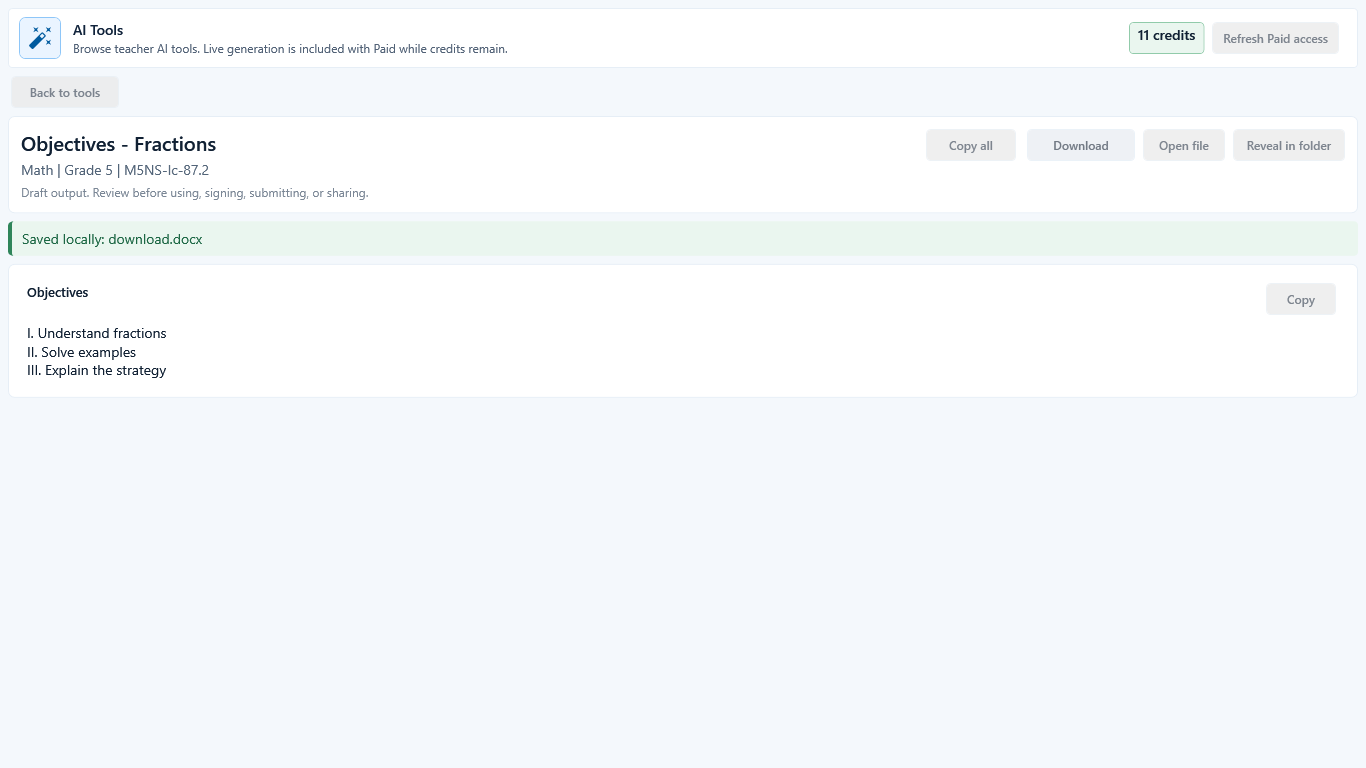 Reviewed Objectives draft showing Saved locally, Open file, and Reveal in folder after download.