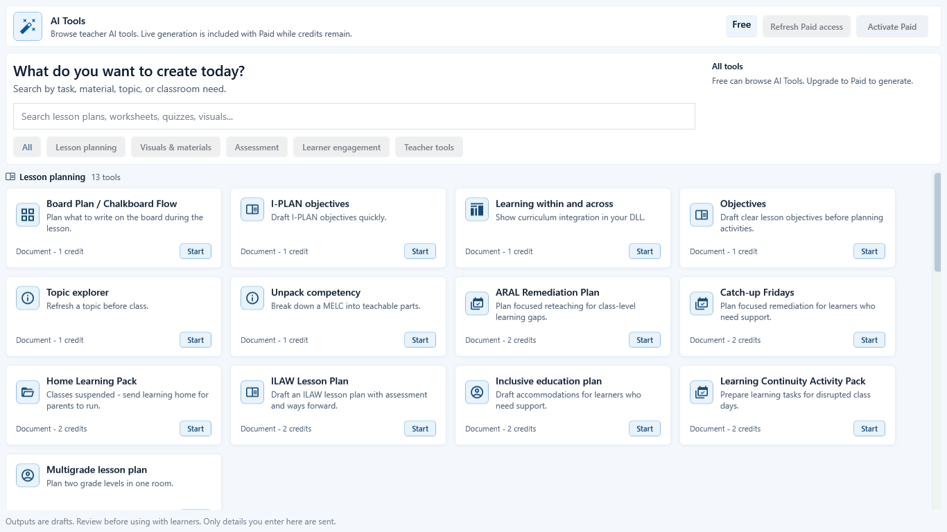 Free AI Tools gallery showing category filters, Objectives, Start buttons, and the Activate Paid action.