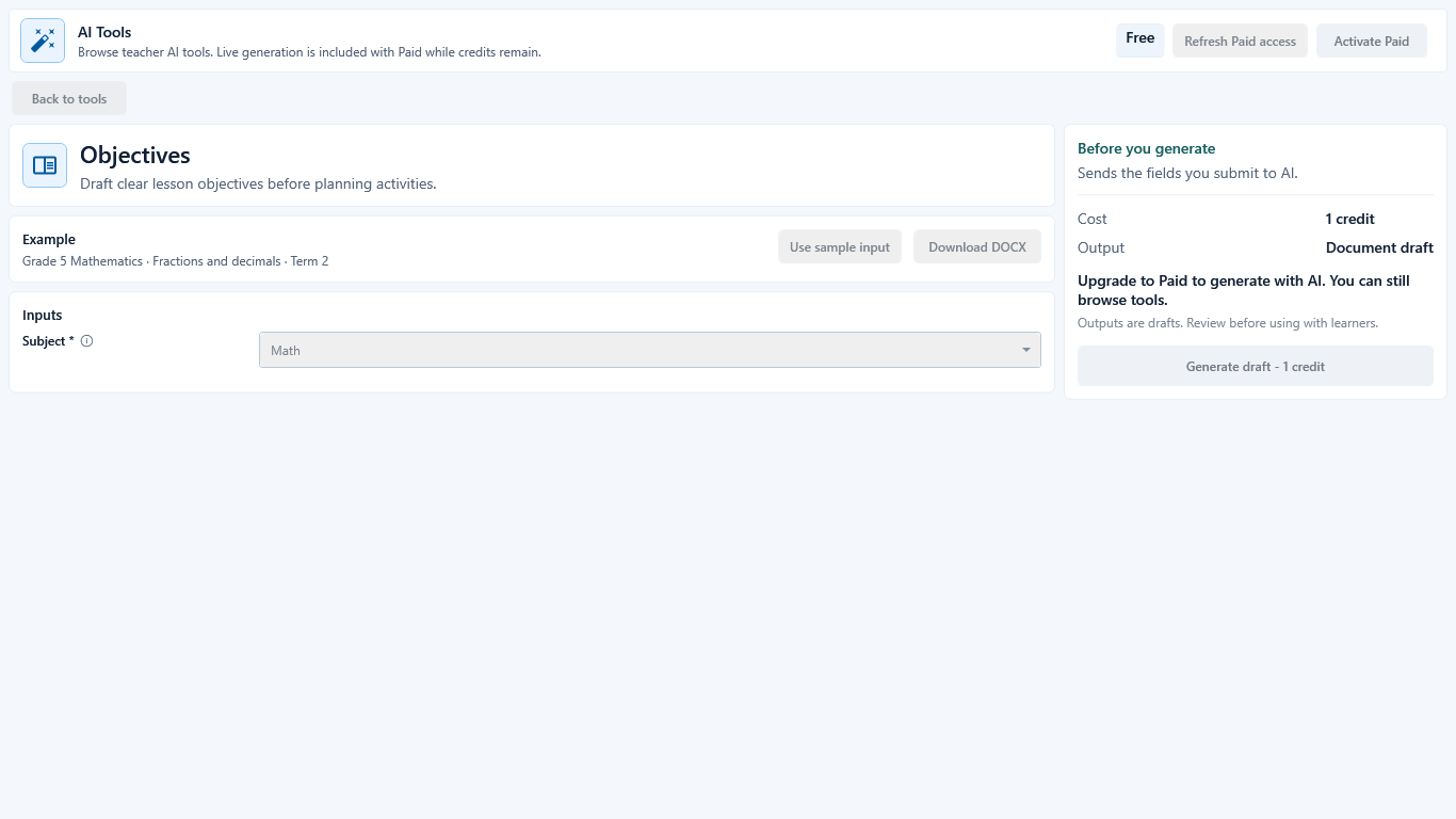 Objectives form showing Math selected, a one-credit cost, Free access, and disabled live generation.