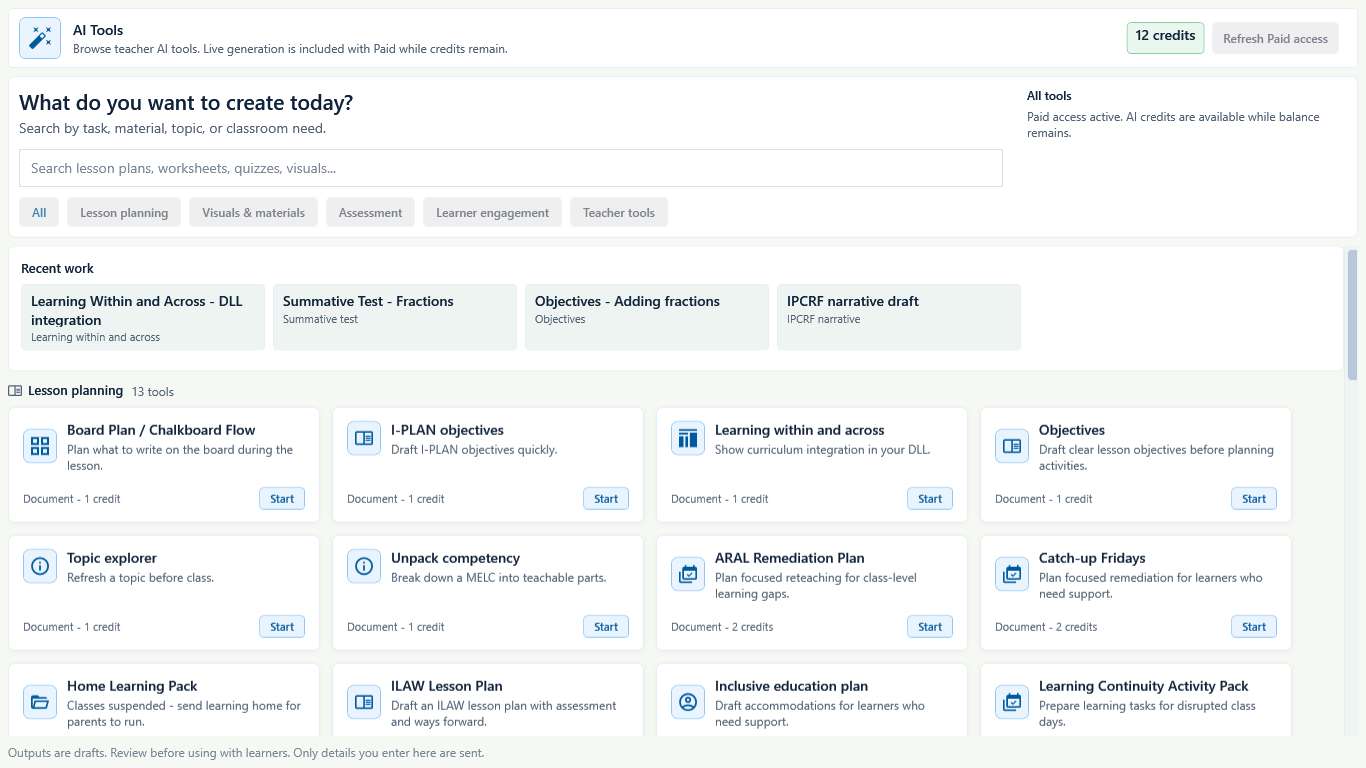 Paid AI Tools gallery showing a fictional credit balance, category filters, Objectives, and Start actions.