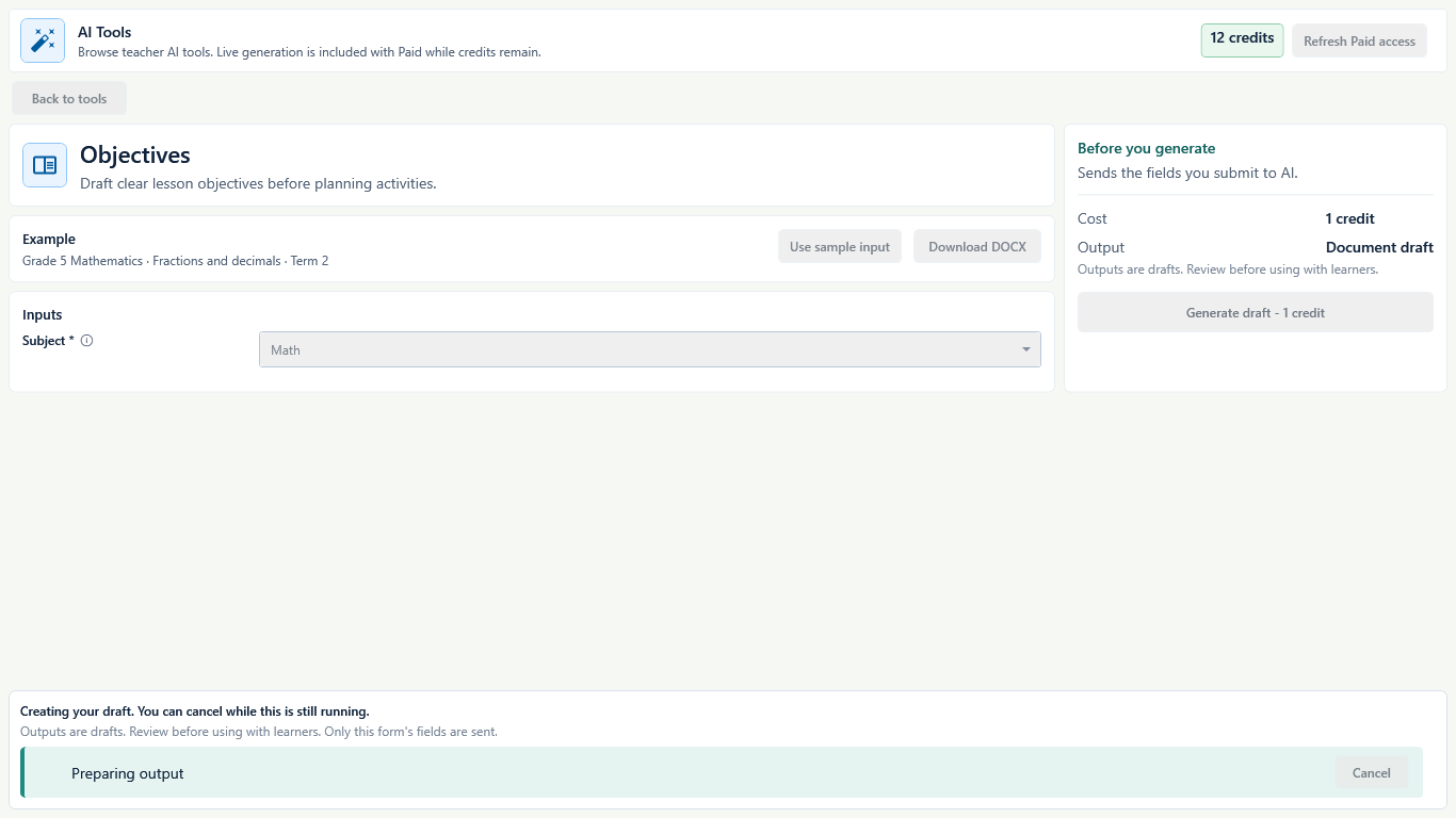 Paid Objectives form showing Preparing output, Cancel, and the fictional remaining credit balance.