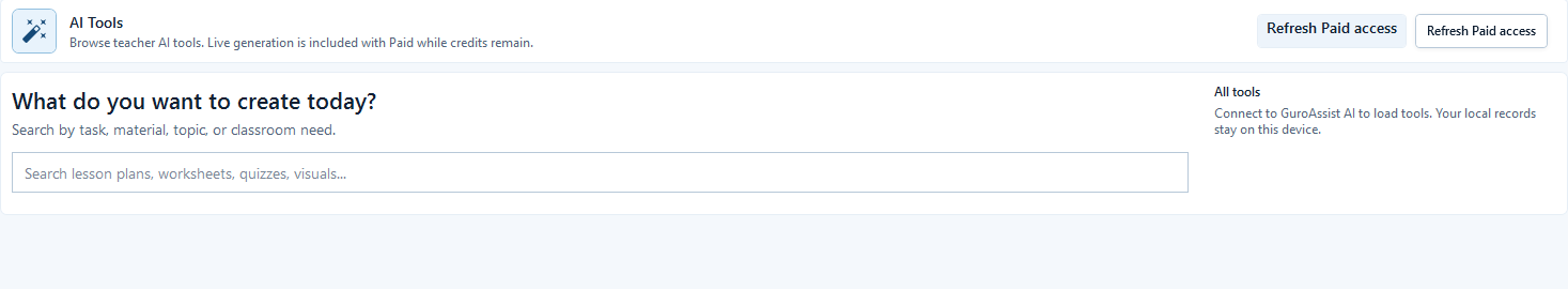 AI Tools unavailable state saying Connect to GuroAssist AI to load tools while local records stay on the device.