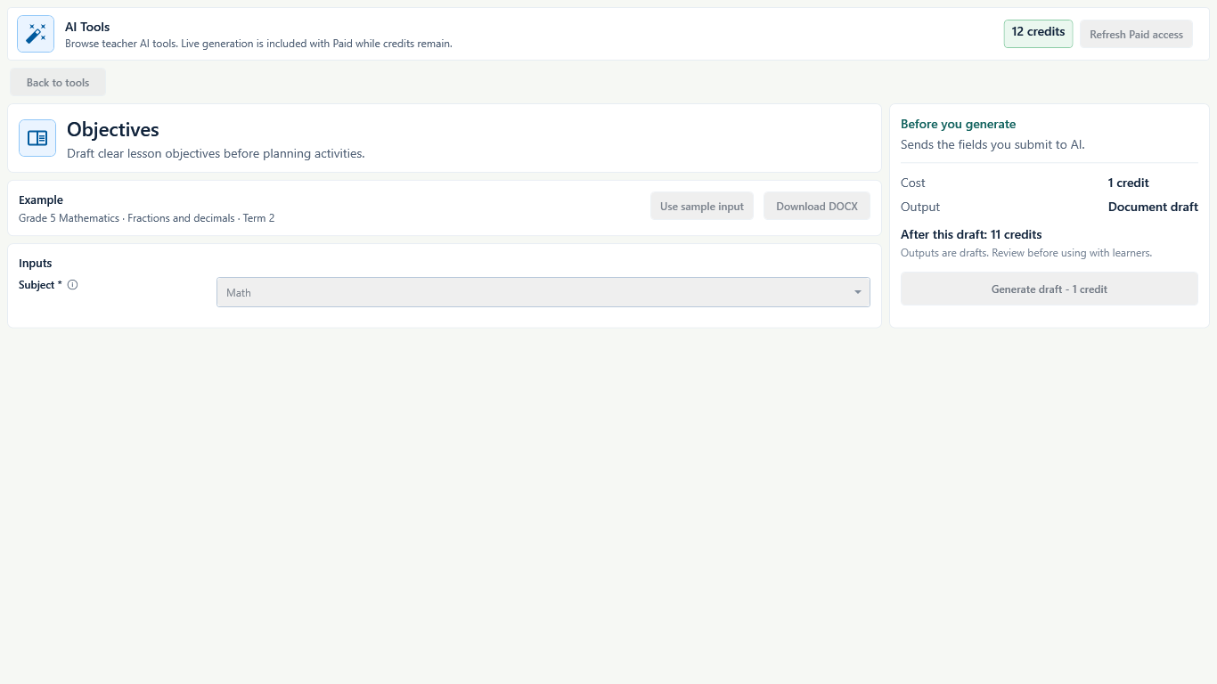 Paid Objectives form showing Math, a one-credit cost, document draft output, and the fictional balance after generation.