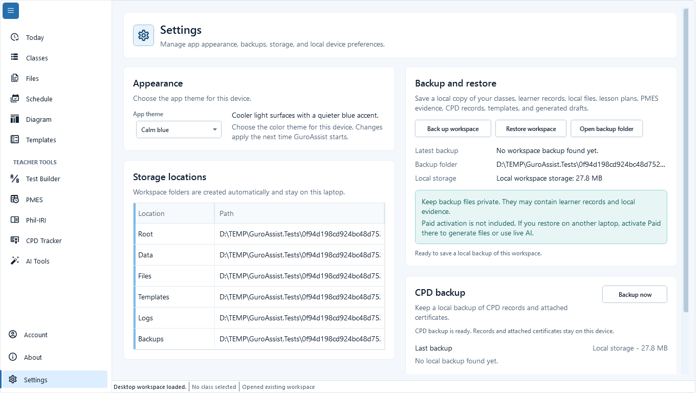 Settings workspace with lower navigation for Account, About, and Settings and local recovery controls.