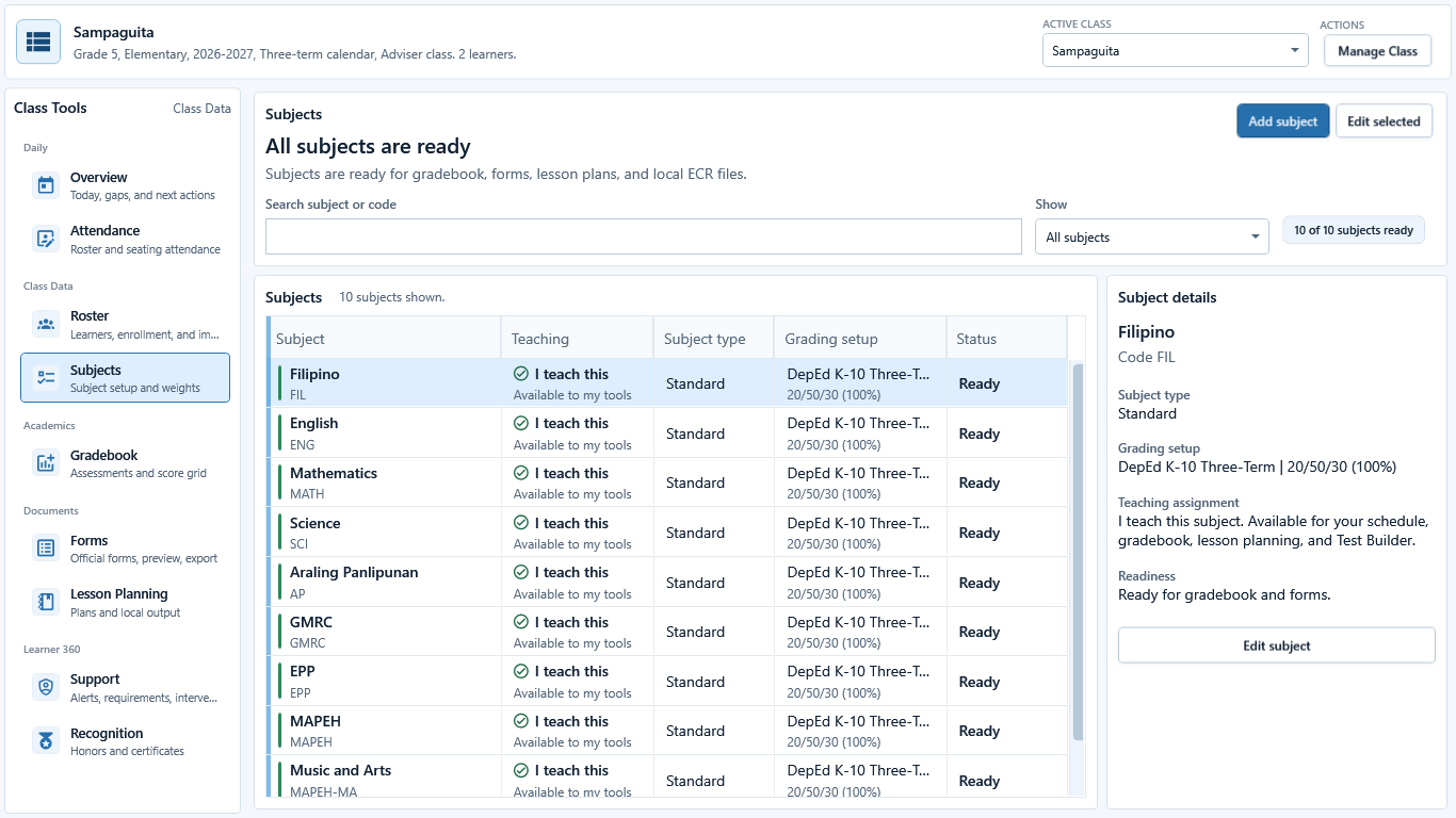Class workspace showing Overview, Attendance, Roster, Subjects, Gradebook, Forms, Lesson Planning, Support, and Recognition.