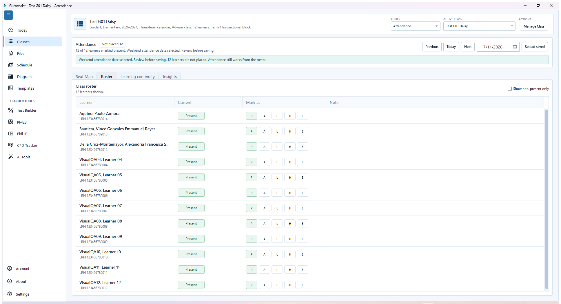 Full current Attendance Roster with active-class header, date controls, fictional learner rows, all-present summary, and Reload saved.