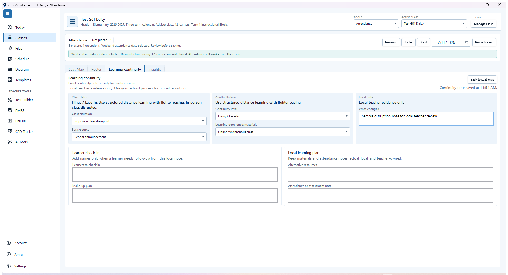 Current Learning continuity tab with fictional selections, factual note, ready state, and Continuity note saved confirmation.