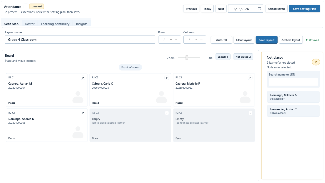 Edit seating plan with rows, columns, placed learners, open seats, Not placed list, and save actions.