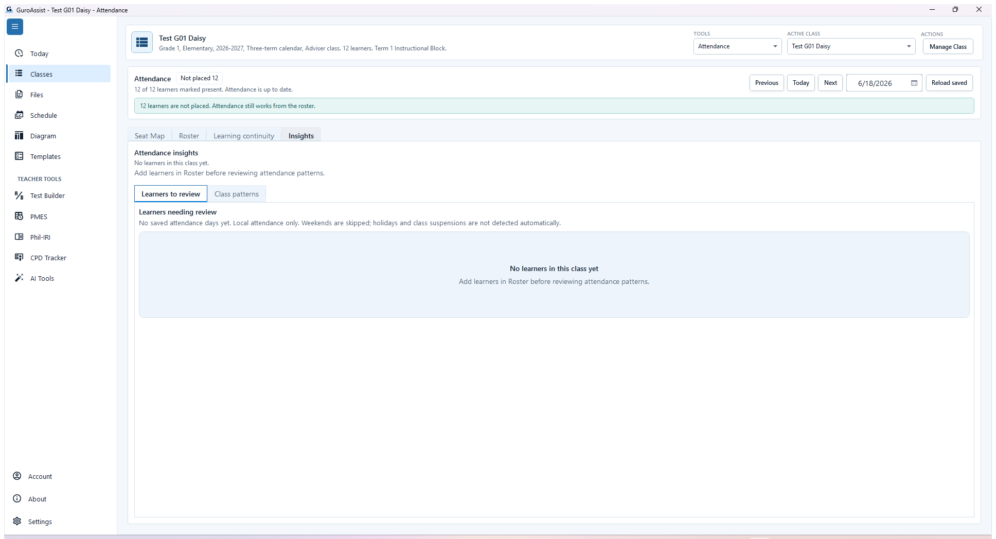 Current Attendance Insights showing an unavailable no-learners message while the active-class header still reports learners.
