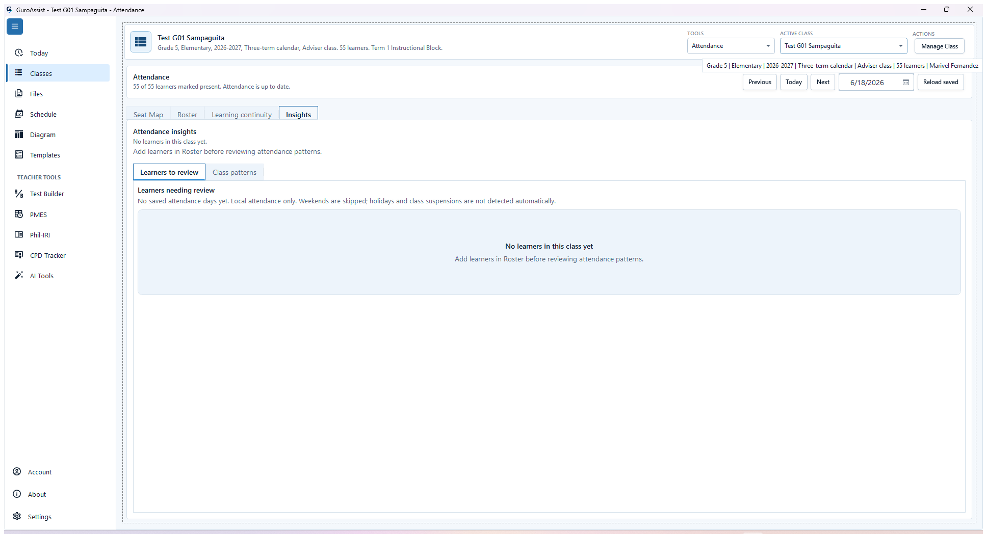 Current Attendance Insights blocked state with class-pattern cards and a no-learners message.
