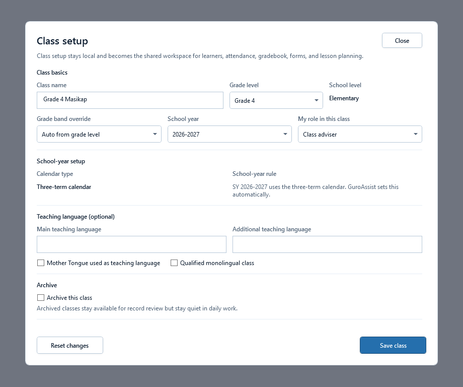 Elementary Class setup with class name, grade, school year, role, calendar rule, and Save class.