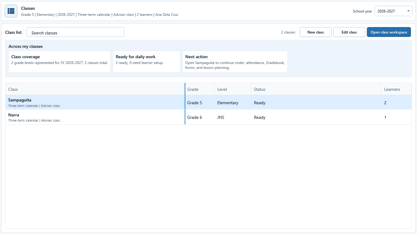 Classes chooser header with active-class selection and Manage Class.
