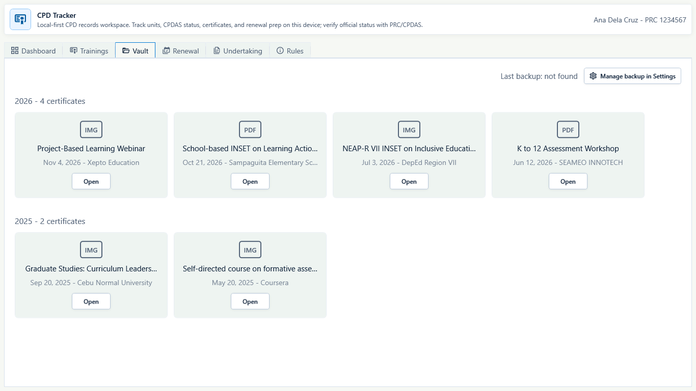 CPD Vault showing fictional local certificates, Open buttons, Last backup not found, and Manage backup in Settings.