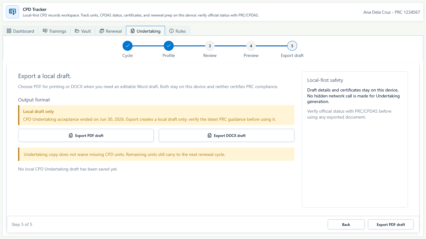 CPD Undertaking Export draft step showing local PDF and DOCX draft actions and the no-approval warning.