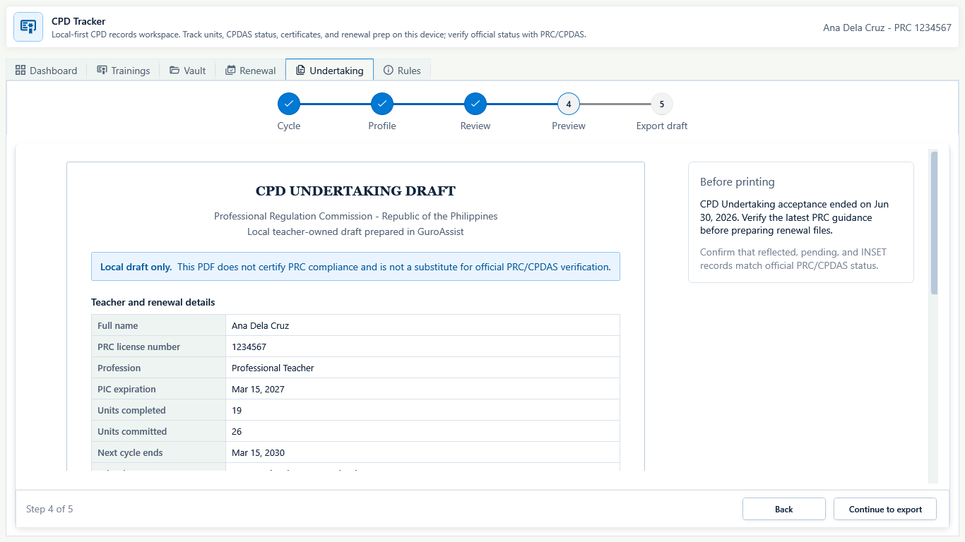 CPD Undertaking Preview showing fictional teacher details, place and date signed, unit summary, and local-draft warnings.