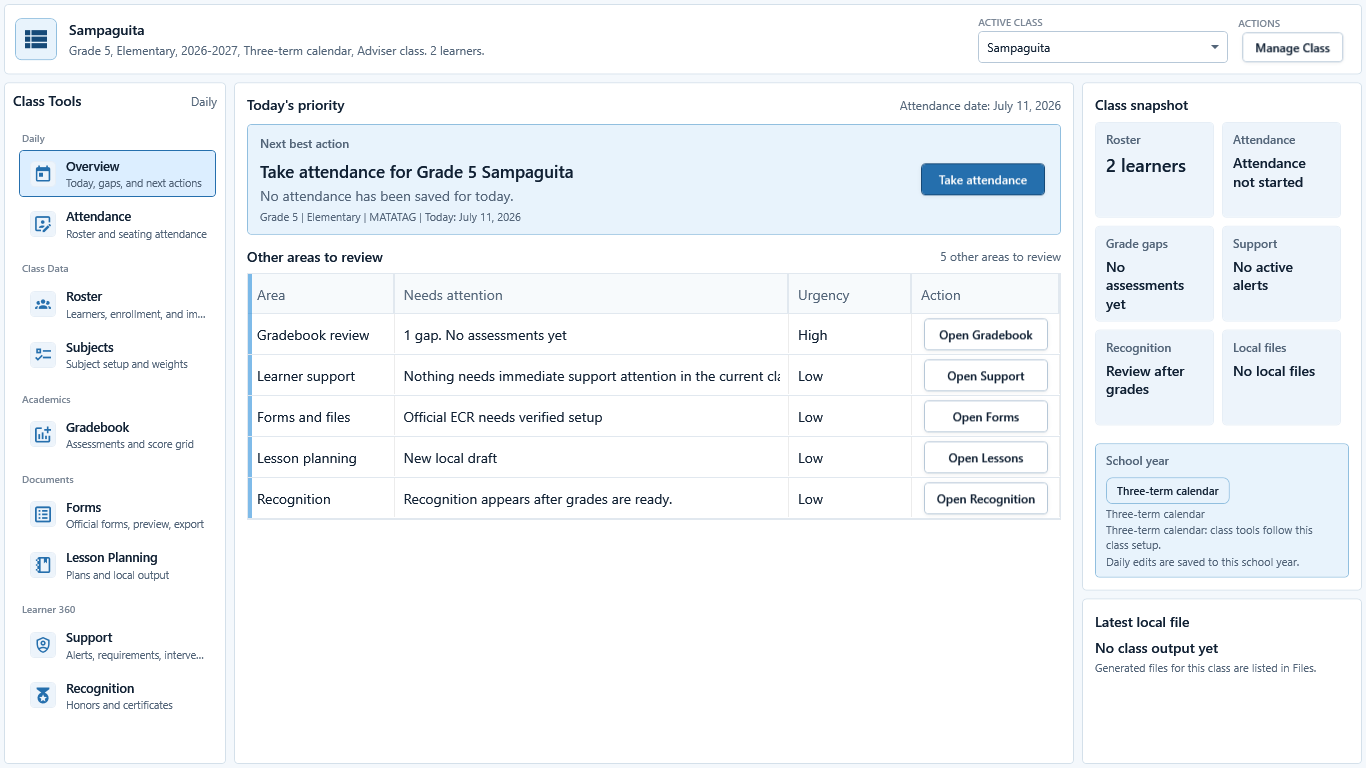Class Overview with the active class header, attendance date, class snapshot, and no-file state.