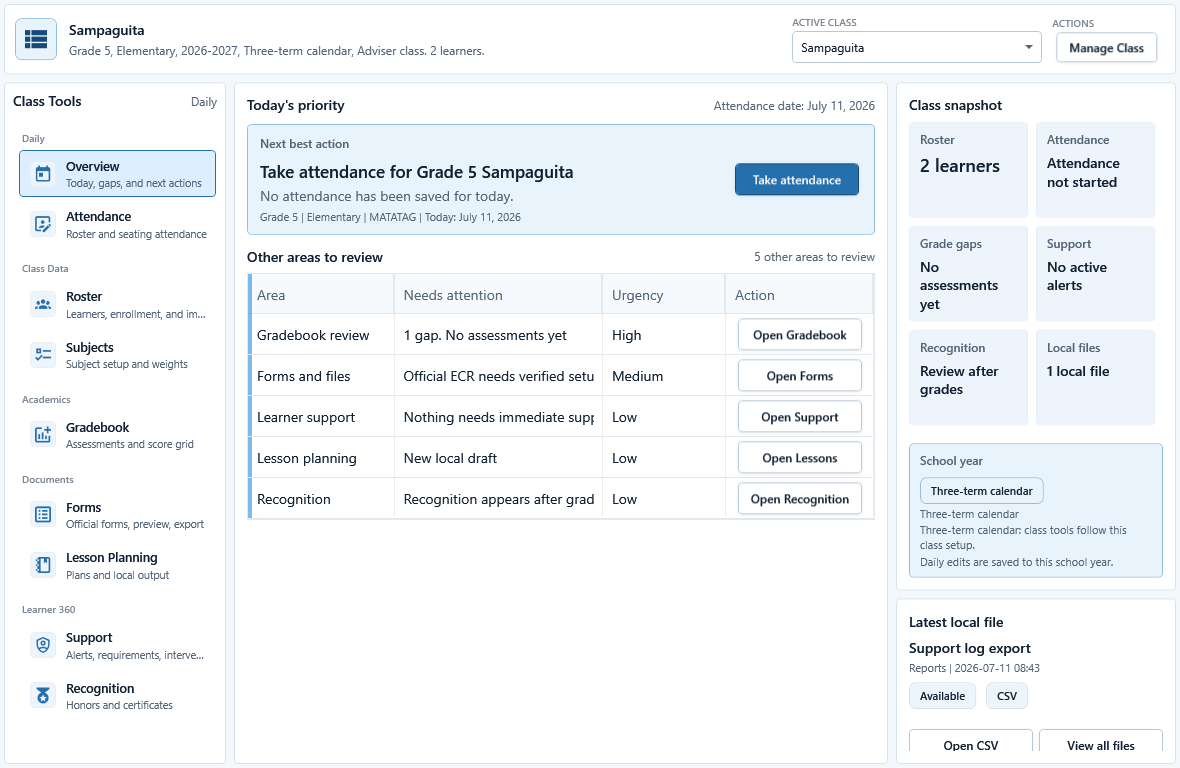 Compact Overview with direct action buttons beside the class-day review rows.