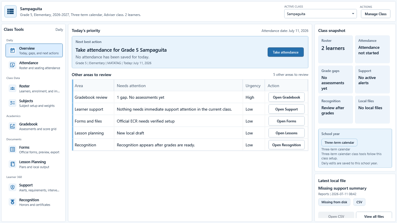 Overview with a missing local-file warning after returning to the class summary.