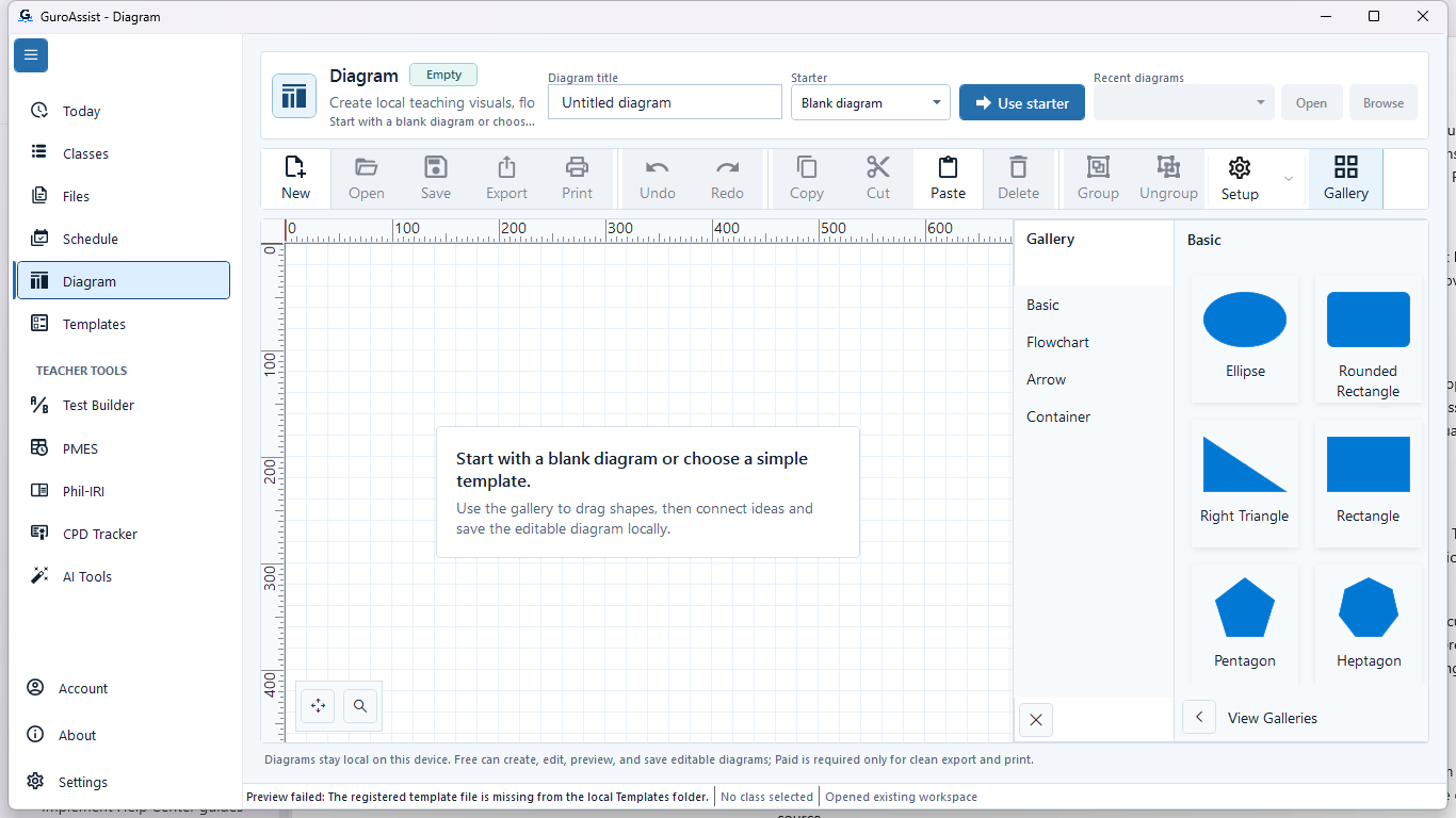 Diagrams workspace with the title field, shape tools, canvas, and local save and export actions.