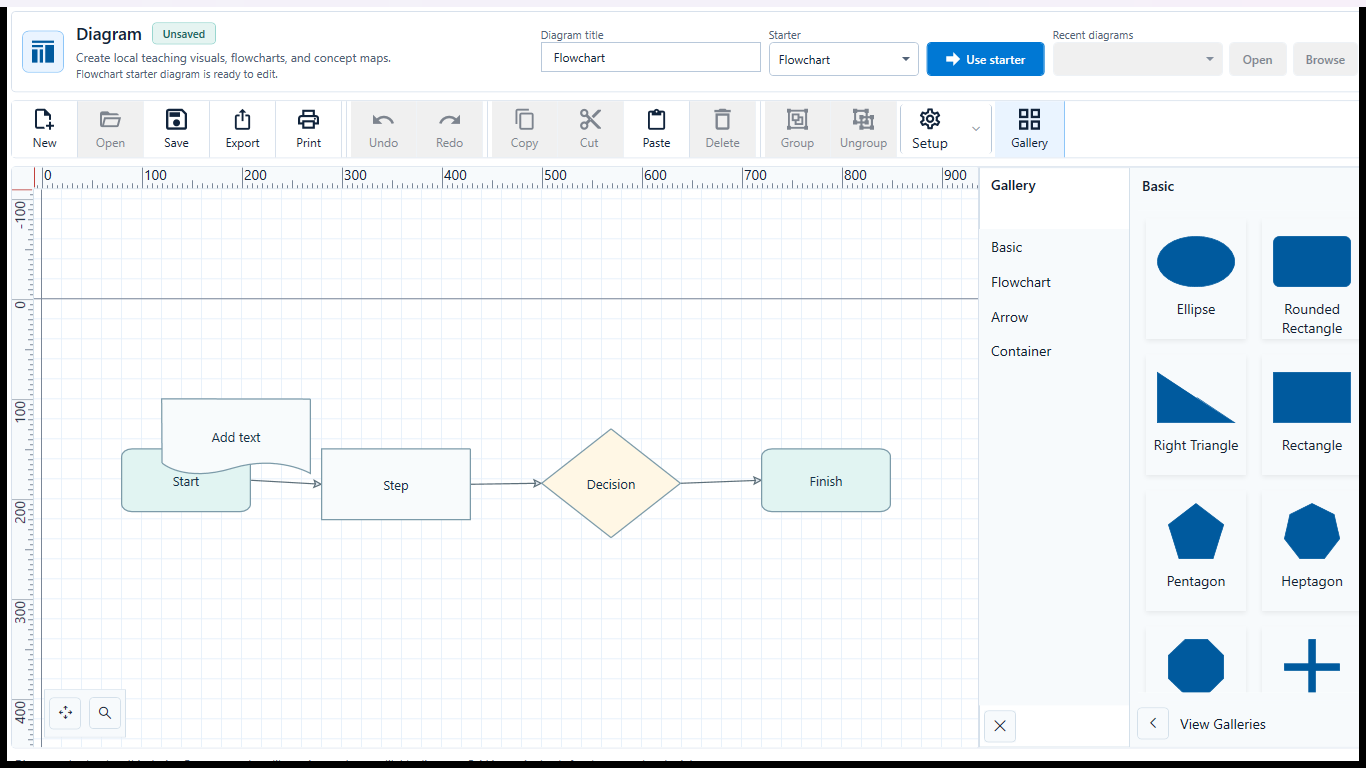 Diagram canvas with labeled shapes, connectors, selection controls, and the export toolbar visible.