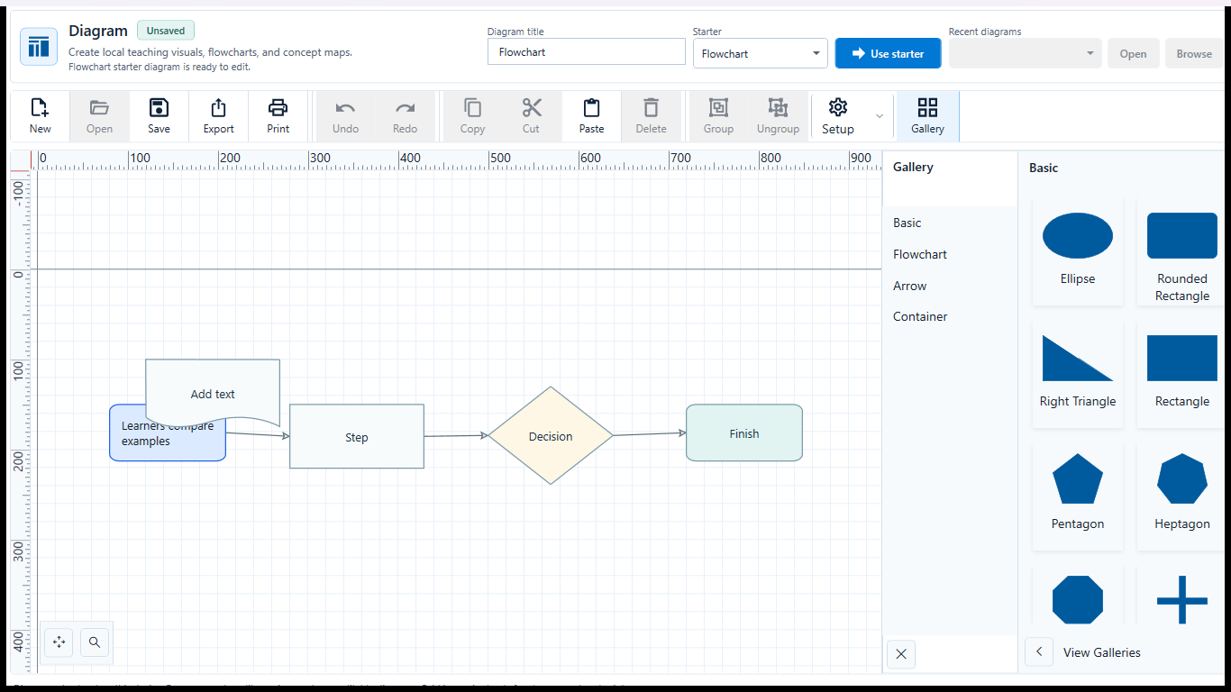 Diagram workspace with a selected blue-outlined shape, edited learner-readable label, connectors, and shape tools.