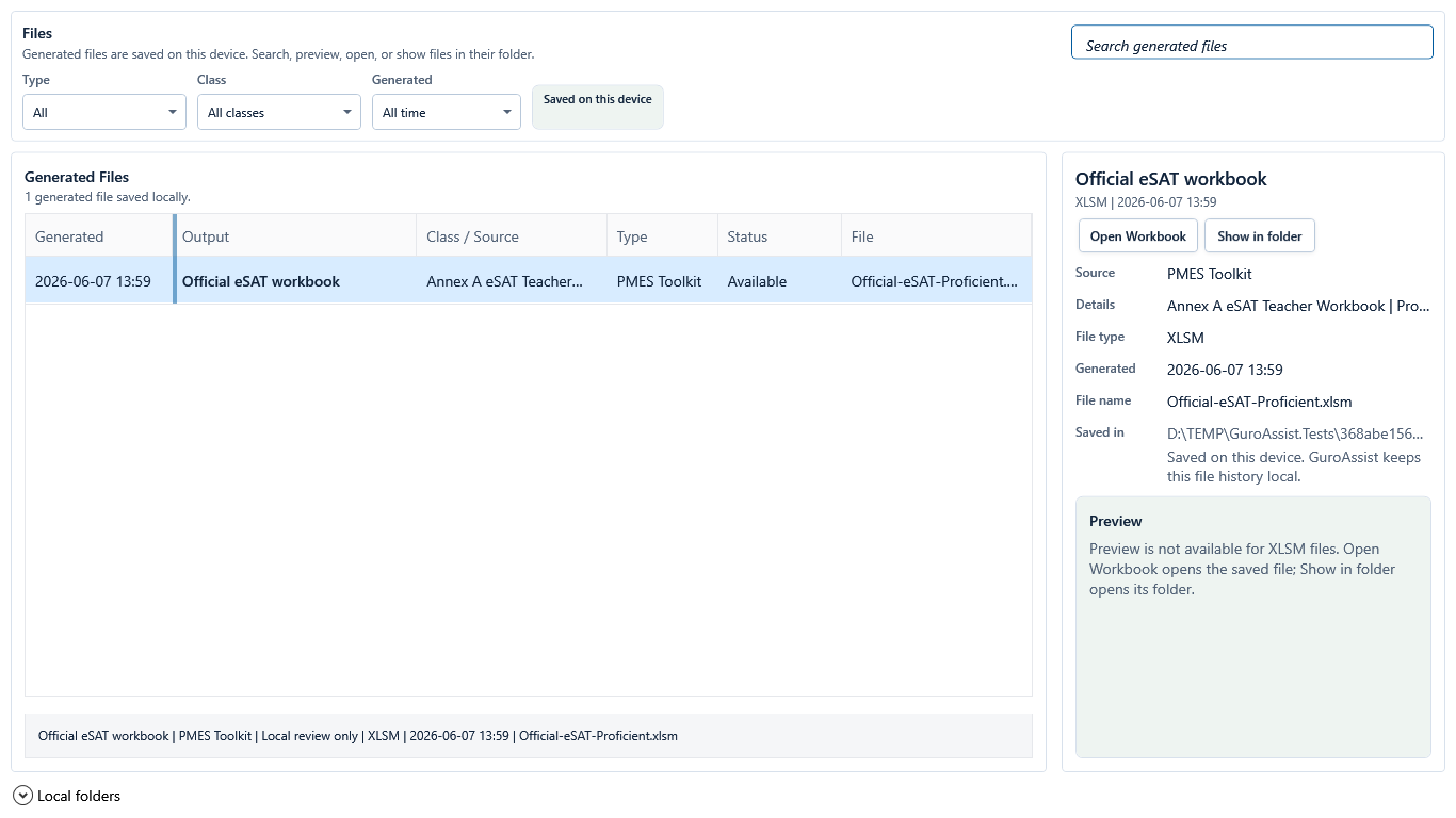 Files workspace with an eSAT workbook selected and local Preview, Open, and Show in folder actions.
