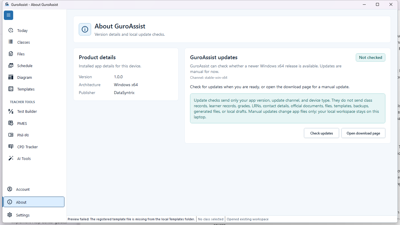 About GuroAssist showing the installed version and update status.