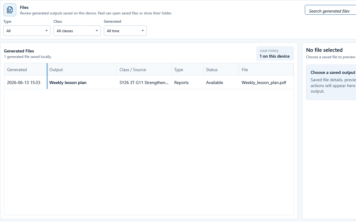 Files workspace with local output history, filters, and file-detail area.