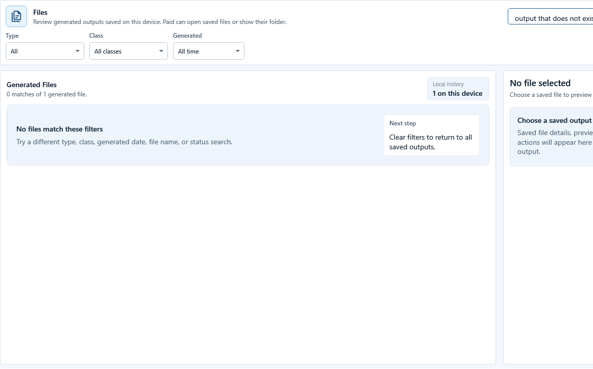 Files workspace with search and filters visible and no output selected.