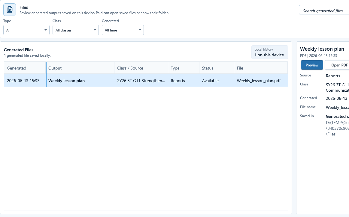 Selected PDF output with file identity, source, time, local path, and actions.