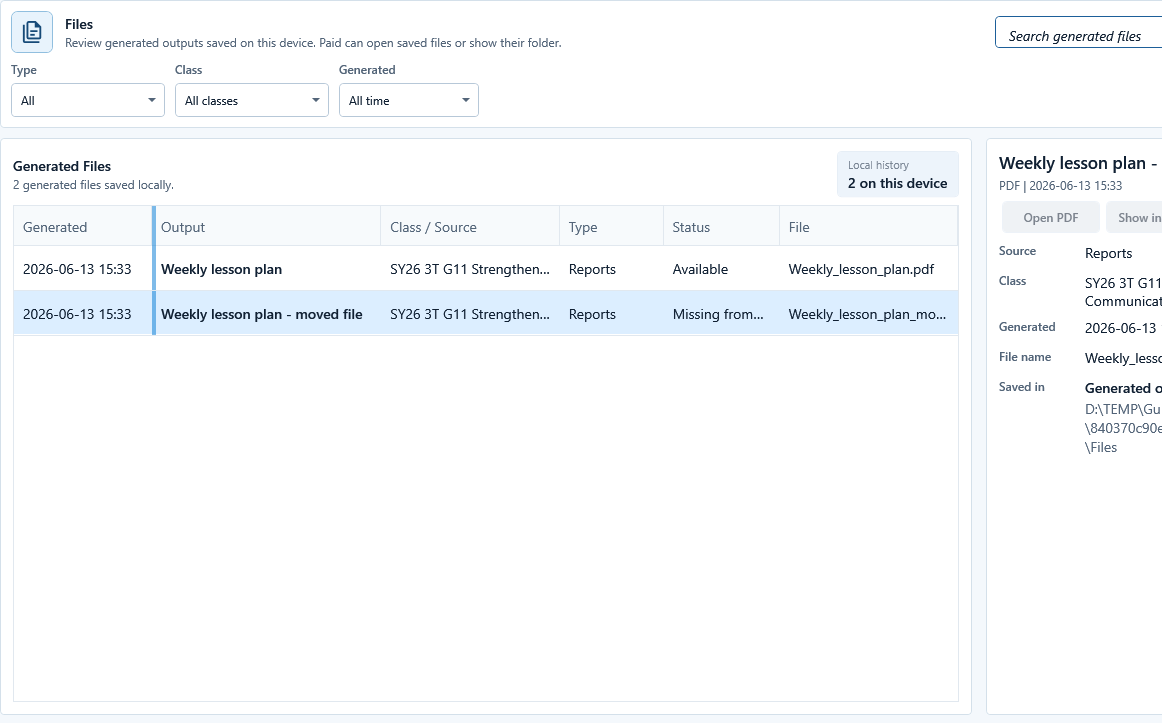 Files workspace with Weekly lesson plan - moved file selected, Missing from disk status, and unavailable local actions.