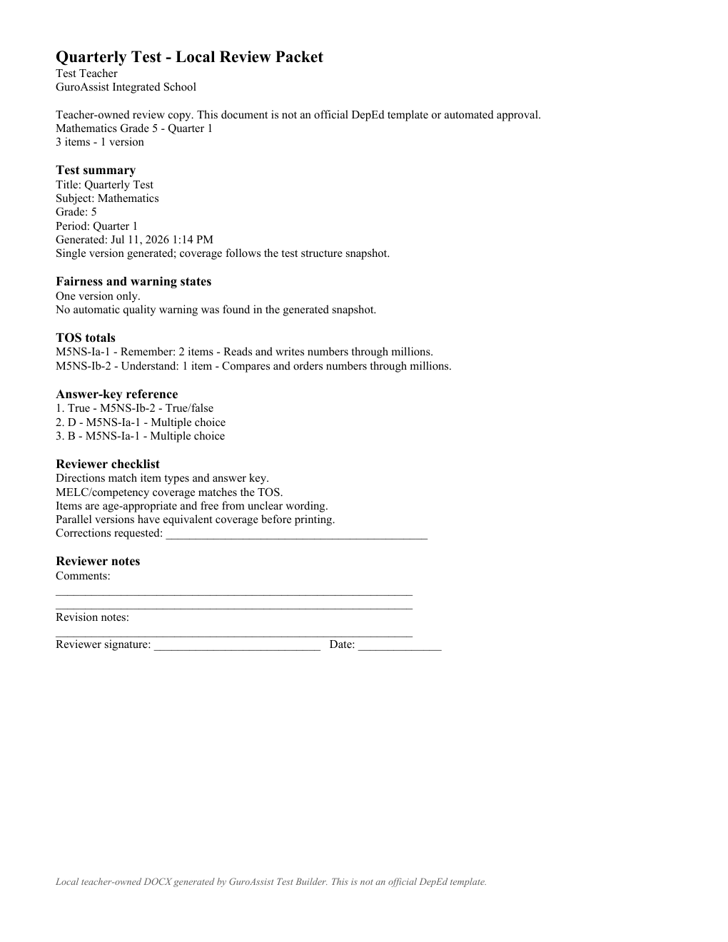 Rendered page from an actual Test Builder local review packet with fictional assessment content.