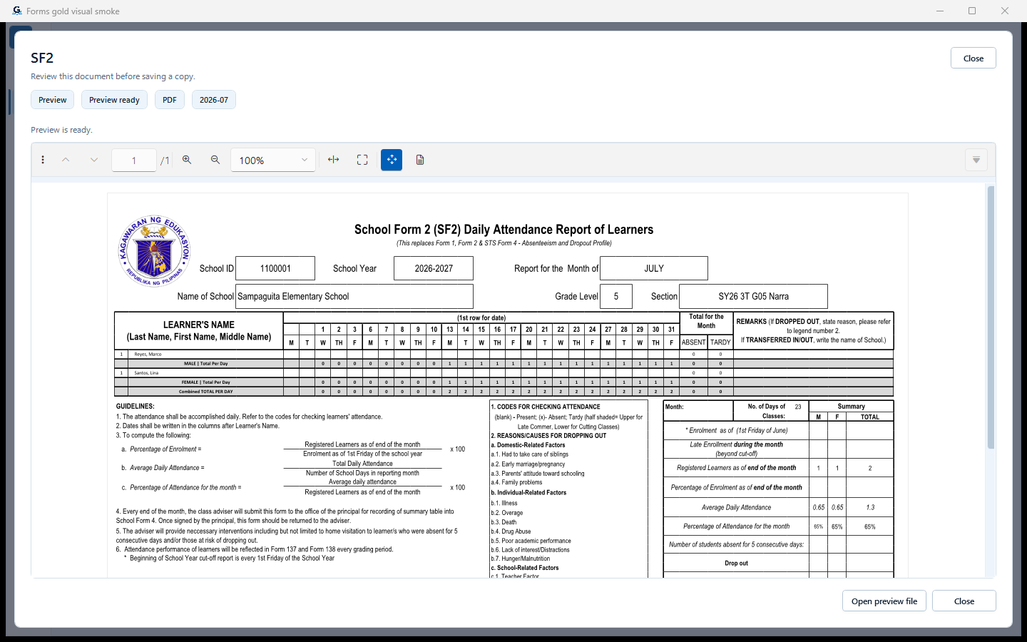 Full SF2 preview showing the same fictional Grade 5 Narra class, July 2026 data, learners, totals, and official layout.
