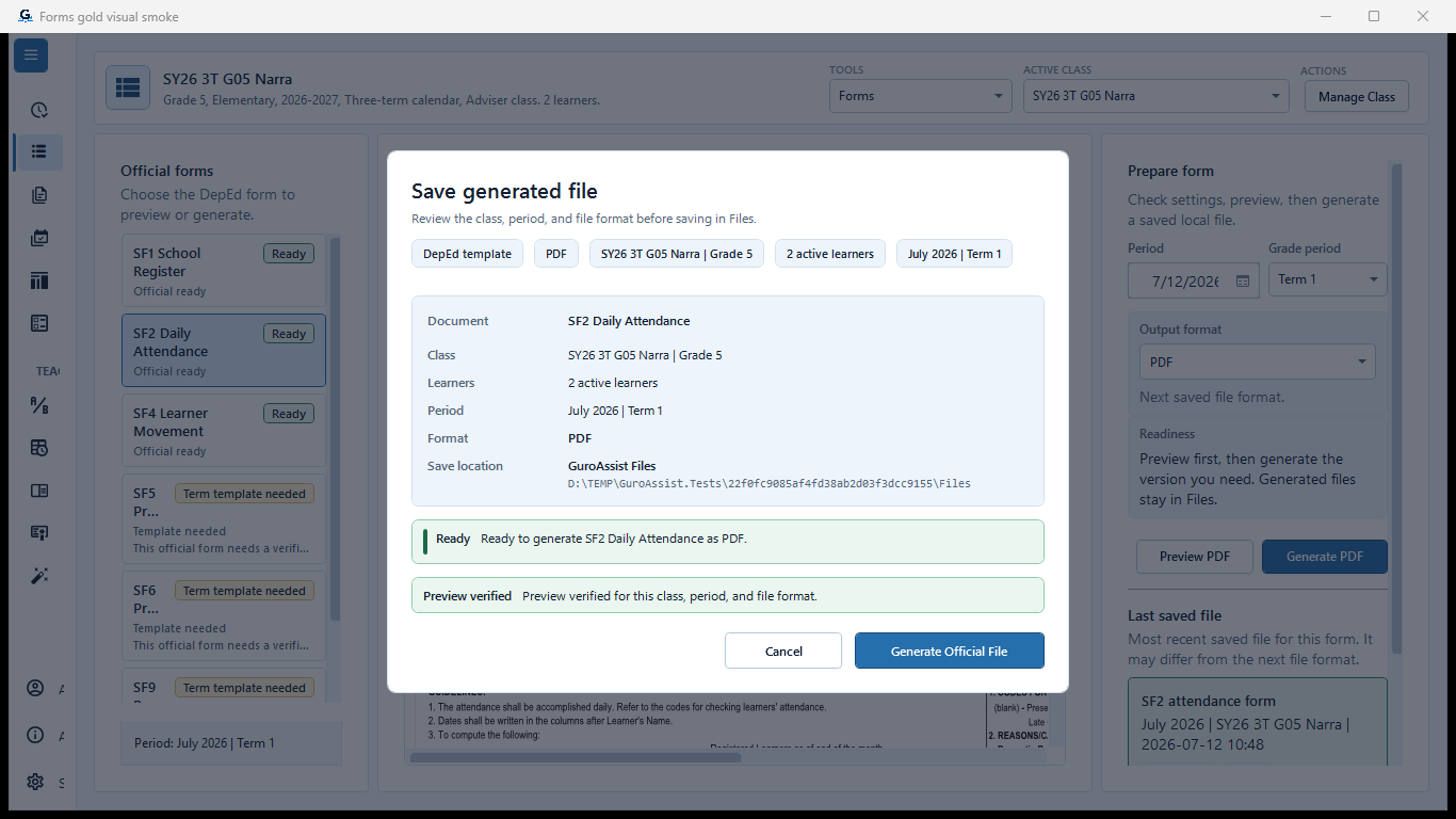 SF2 Save generated file confirmation showing the fictional class, July 2026, PDF, readiness, and Preview verified state.