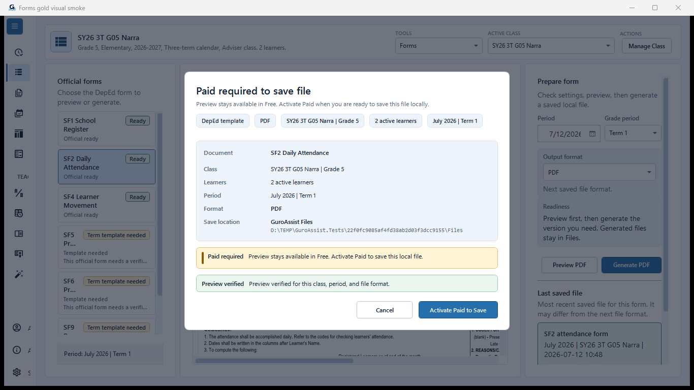 SF2 save confirmation showing Paid required to save file while document readiness and Preview verified remain separate.