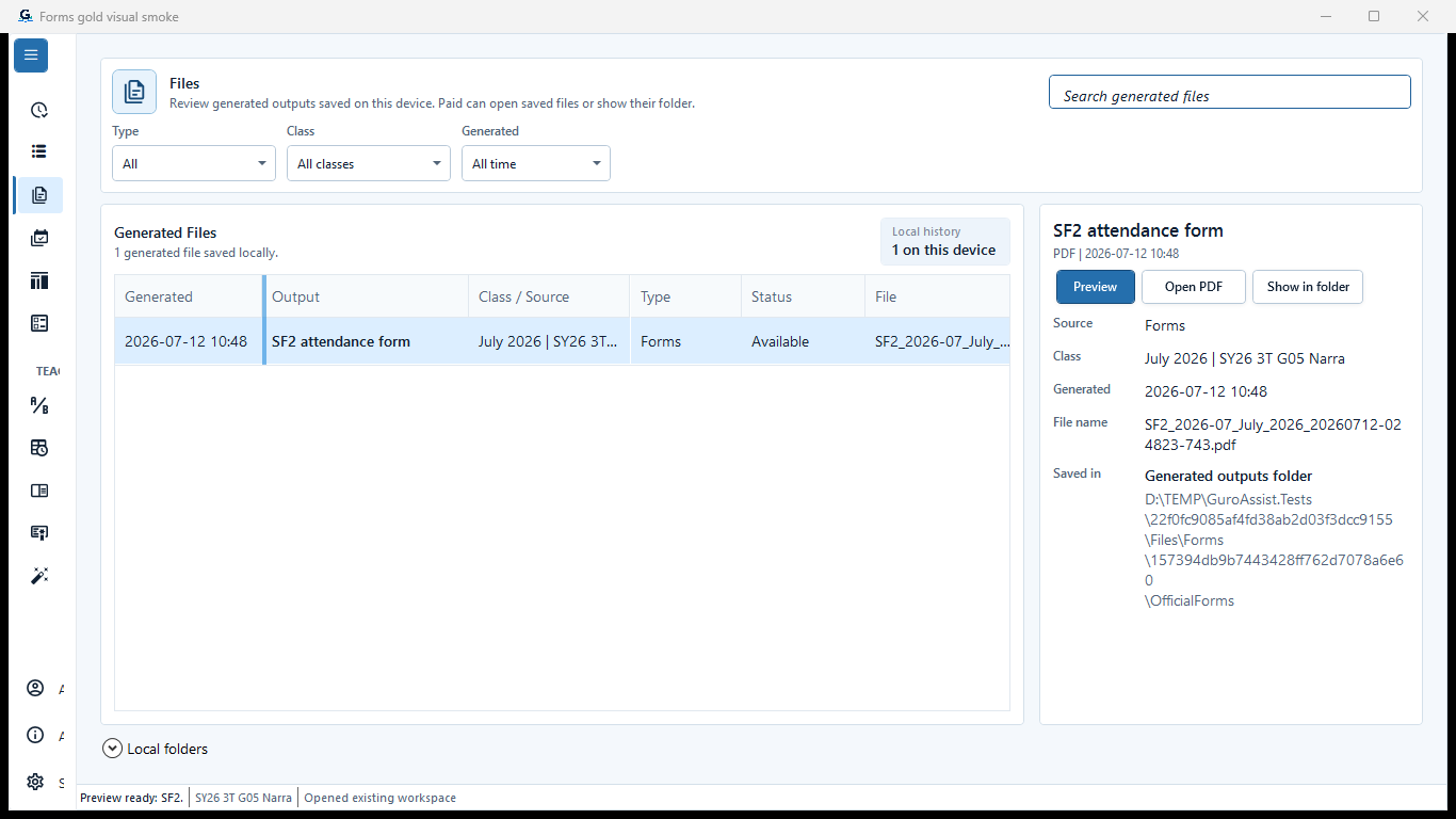 Files workspace with the same generated SF2 selected and Preview, Open PDF, and Show in folder actions visible.