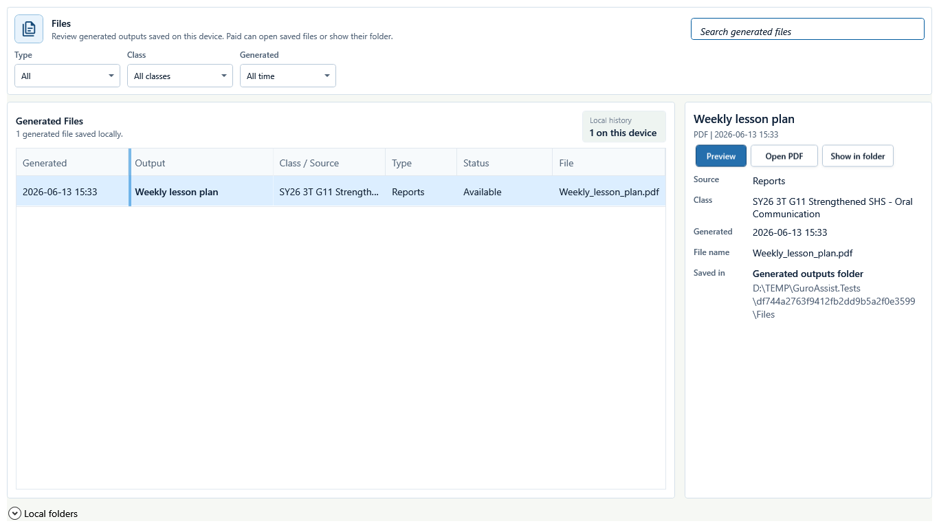 Files screen with a selected local document ready for actual output review after template generation.