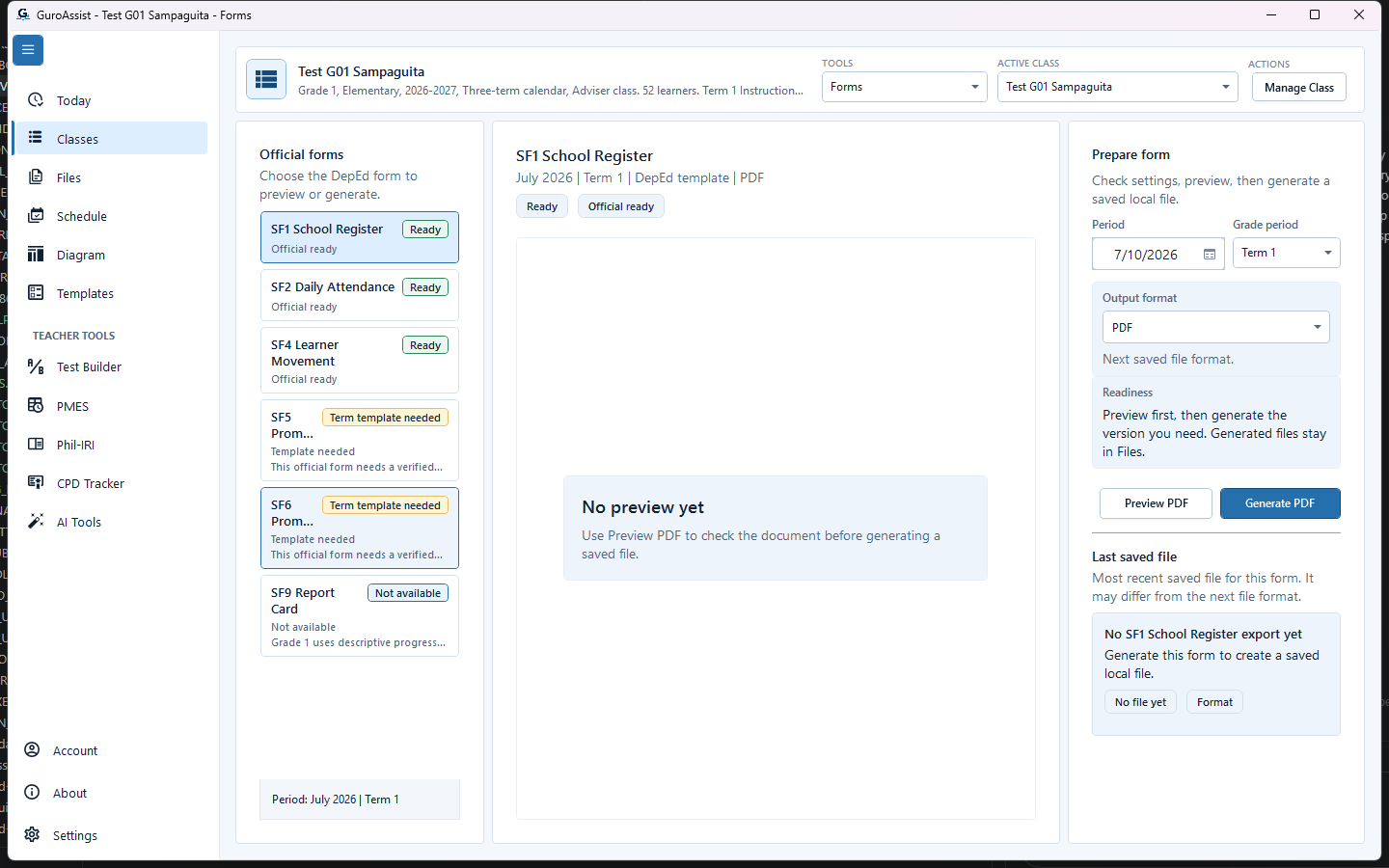 Forms workspace showing SF5 blocked because the selected class needs a verified term template.