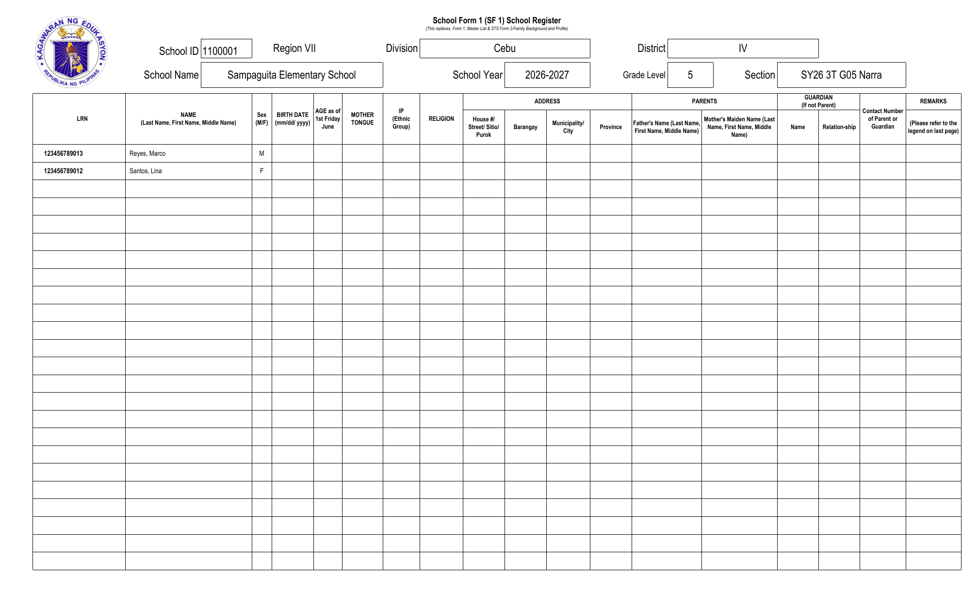 Generated SF1 School Register preview showing the selected school, school year, Grade 5 class, and two learner rows in the actual PDF layout.