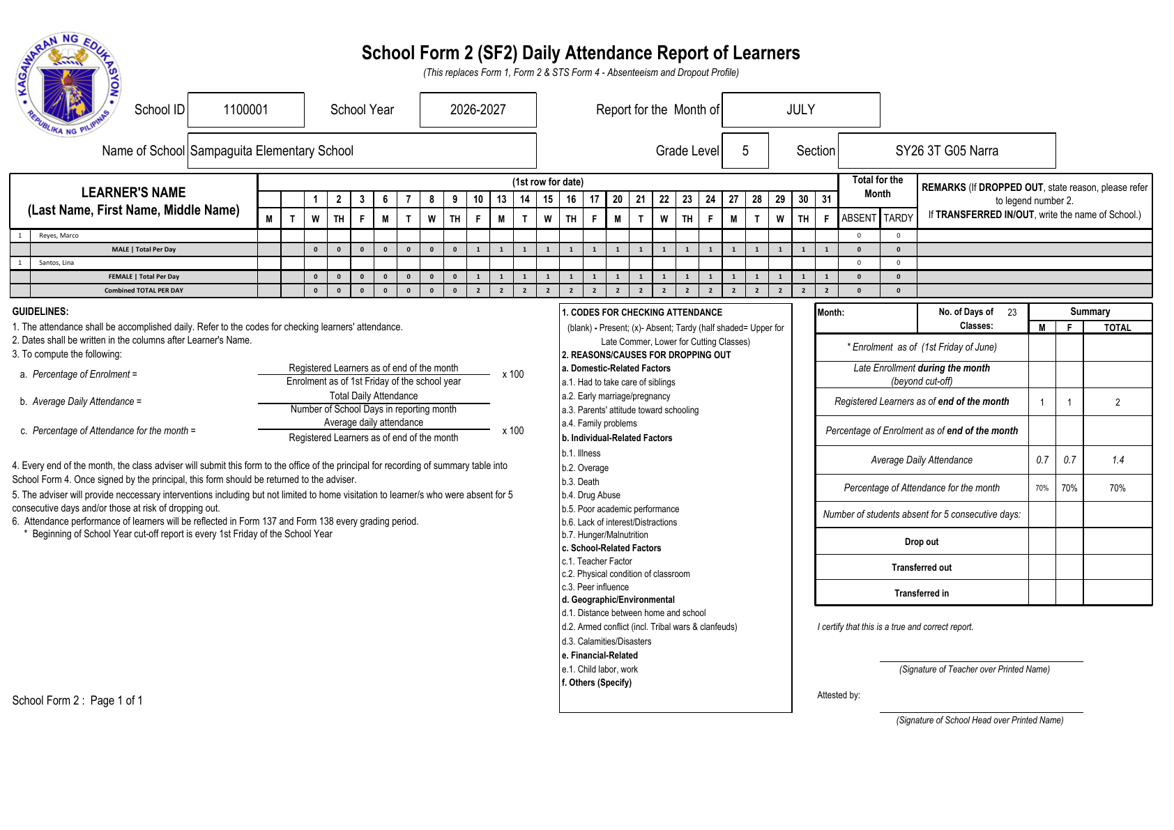 Generated SF2 Daily Attendance preview showing July school days, two learner rows, daily totals, monthly attendance totals, and the summary table.